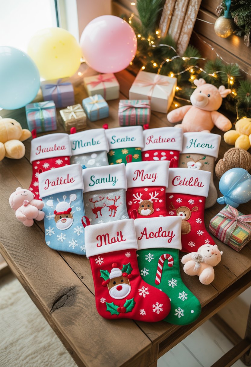 A table with personalized Christmas stockings decorated for a baby shower, surrounded by festive decorations and baby-themed items.